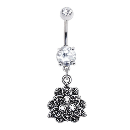 Stainless Steel Jeweled Vintage Lotus Dangle Navel Ring Navel Ring 