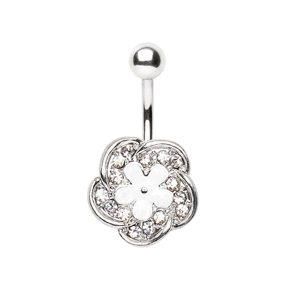 Stainless Steel Jeweled White Daisy Flower Navel Ring Navel Ring Impulse Piercings