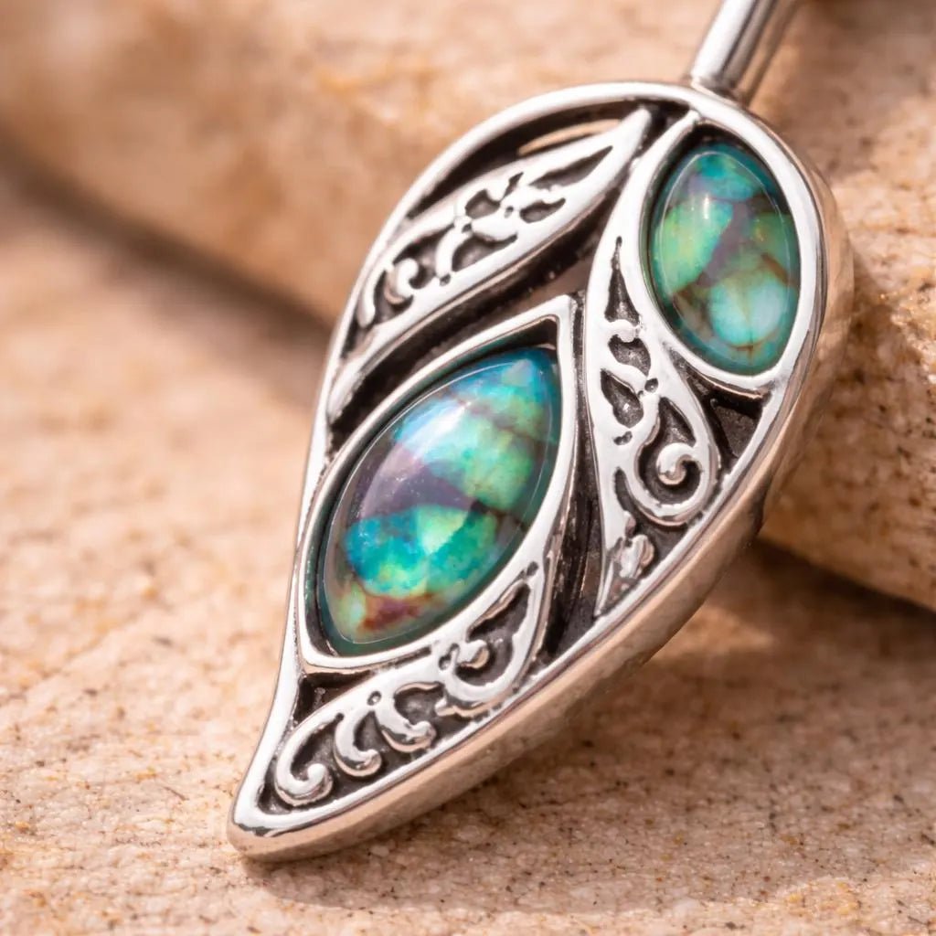 Stainless Steel Leaf with Abalone Shell Navel Ring Navel Ring Skin Metals