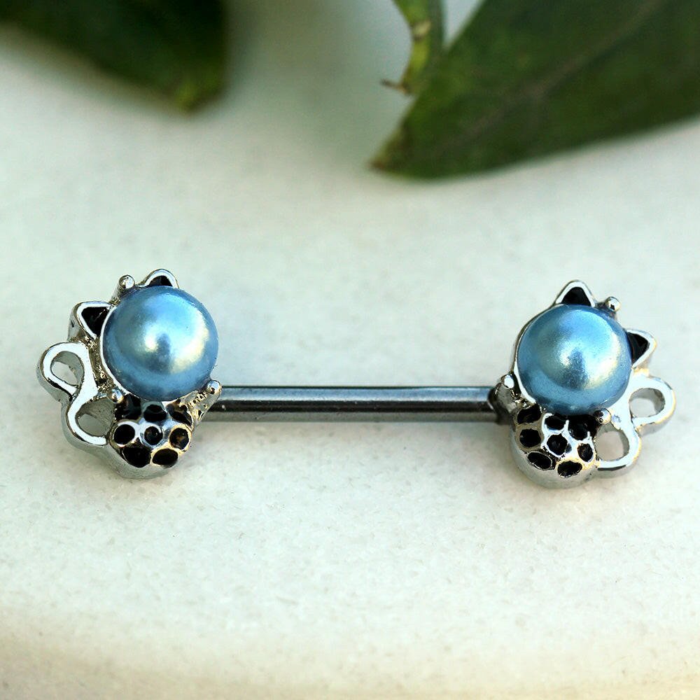 Stainless Steel Light Blue Pearl Cat Nipple Bar Nipple Ring Impulse Piercings