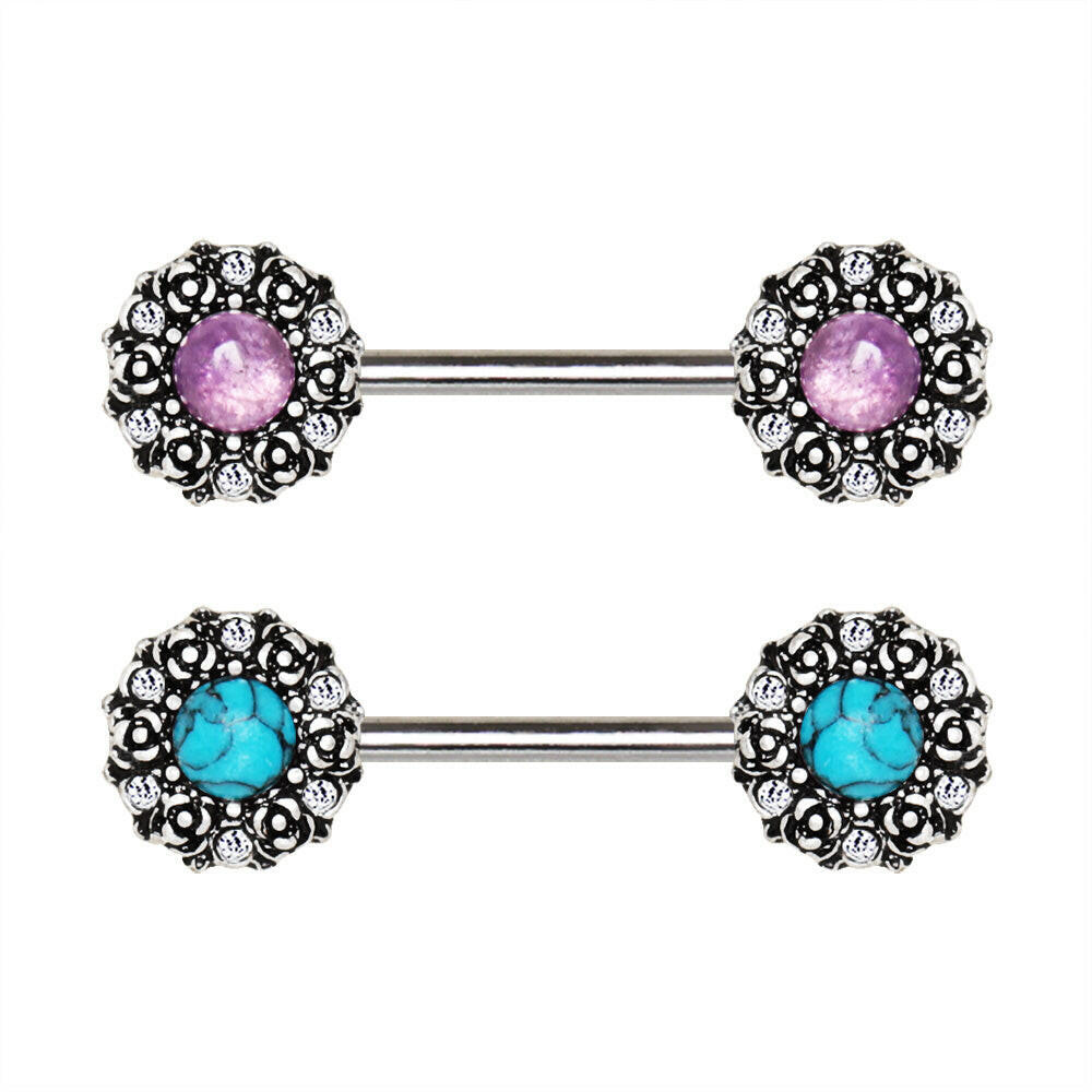 Stainless Steel Medieval Rose Nipple Bar with Stone Inlay Nipple Ring Impulse Piercings Amethyst