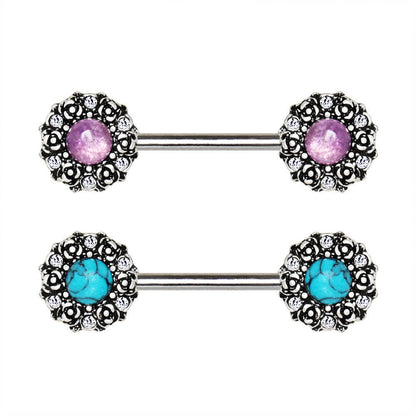 Stainless Steel Medieval Rose Nipple Bar with Stone Inlay Nipple Ring Impulse Piercings Amethyst