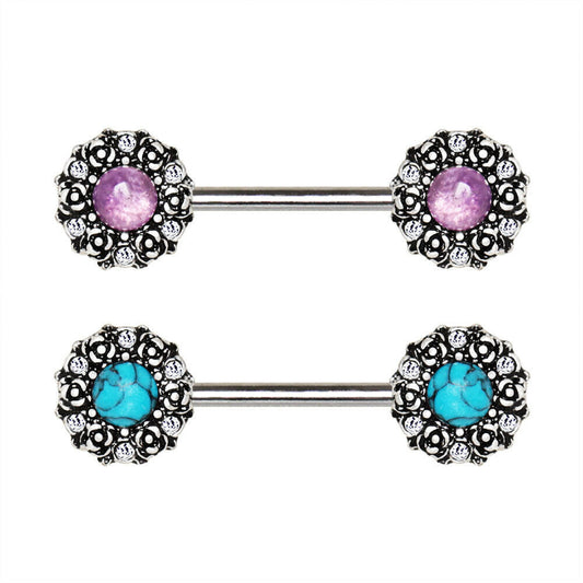 Stainless Steel Medieval Rose Nipple Bar with Stone Inlay Nipple Ring Impulse Piercings Amethyst