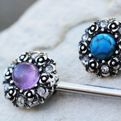 Stainless Steel Medieval Rose Nipple Bar with Stone Inlay Nipple Ring Impulse Piercings