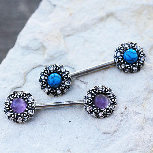 Stainless Steel Medieval Rose Nipple Bar with Stone Inlay Nipple Ring Impulse Piercings