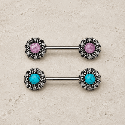 Stainless Steel Medieval Rose Nipple Bar with Stone Inlay - Skin Metals