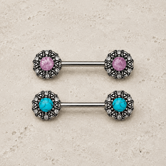 Stainless Steel Medieval Rose Nipple Bar with Stone Inlay - Skin Metals