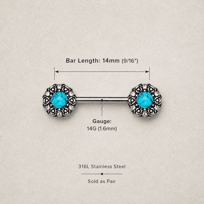 Stainless Steel Medieval Rose Nipple Bar with Stone Inlay - Skin Metals