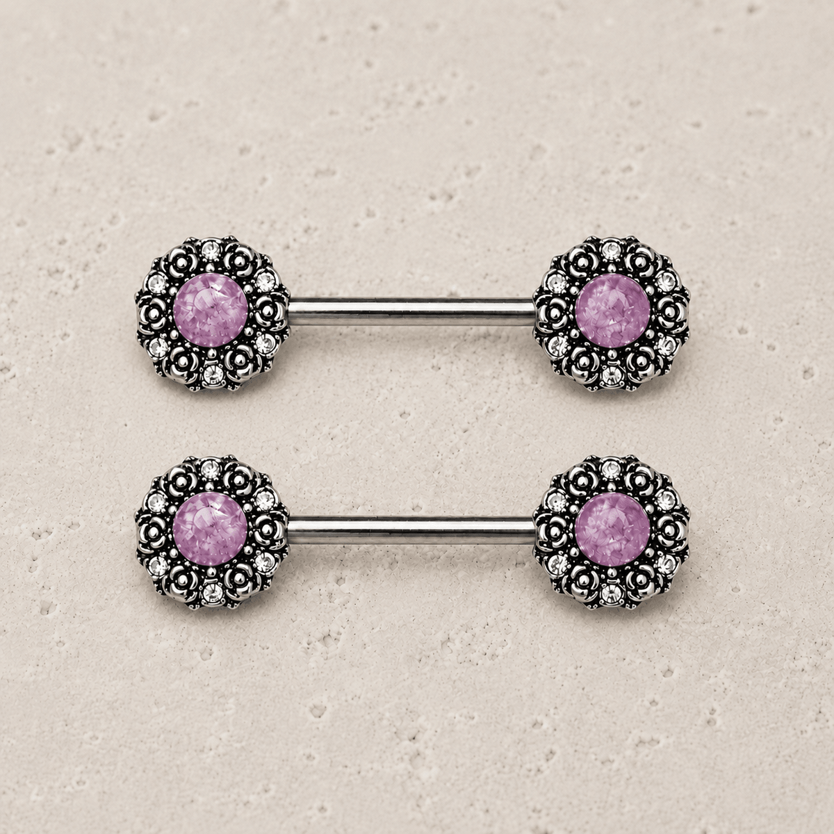 Stainless Steel Medieval Rose Nipple Bar with Stone Inlay - Skin Metals