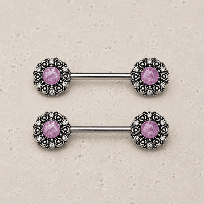 Stainless Steel Medieval Rose Nipple Bar with Stone Inlay - Skin Metals
