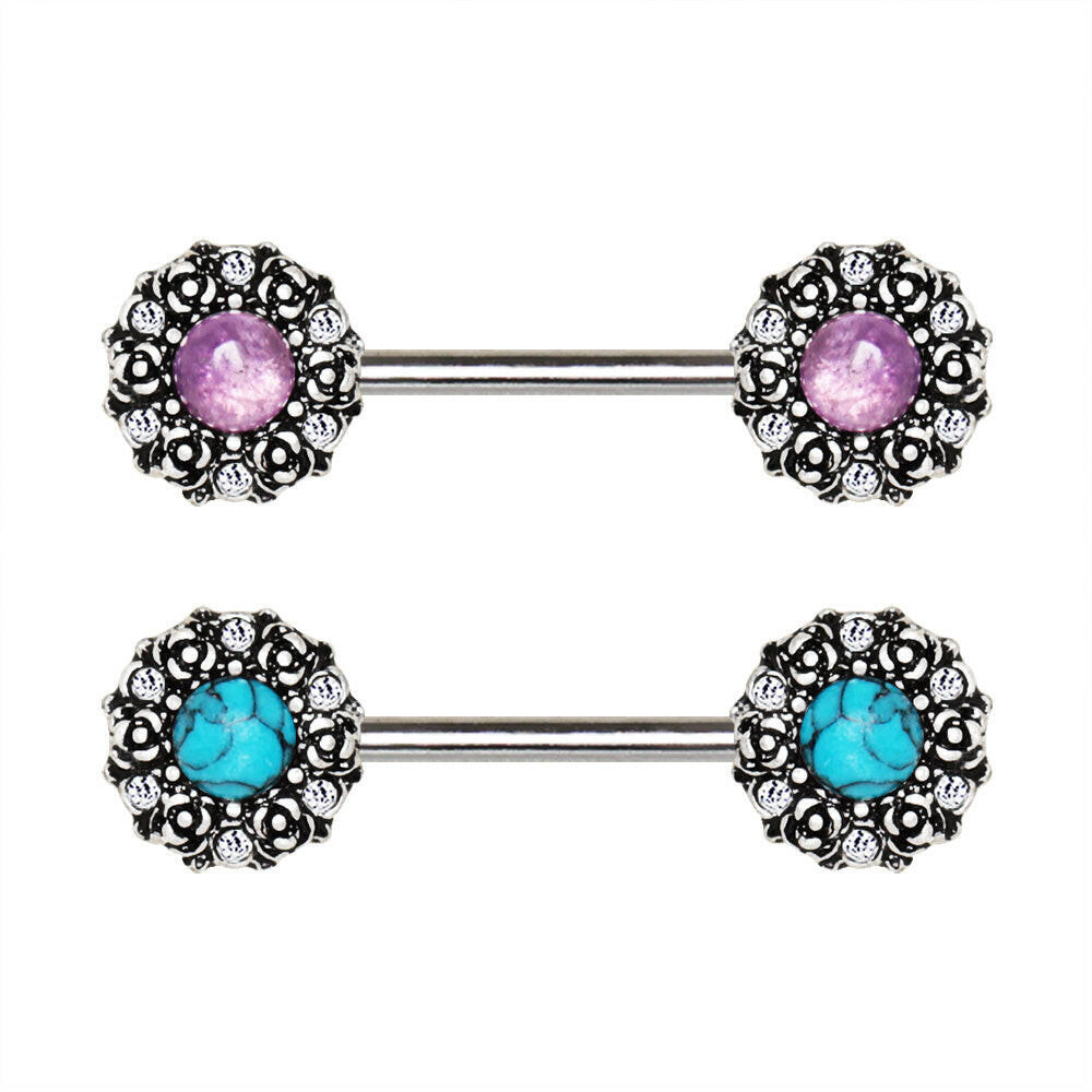 Stainless Steel Medieval Rose Nipple Bar with Stone Inlay Nipple Ring Impulse Piercings Amethyst