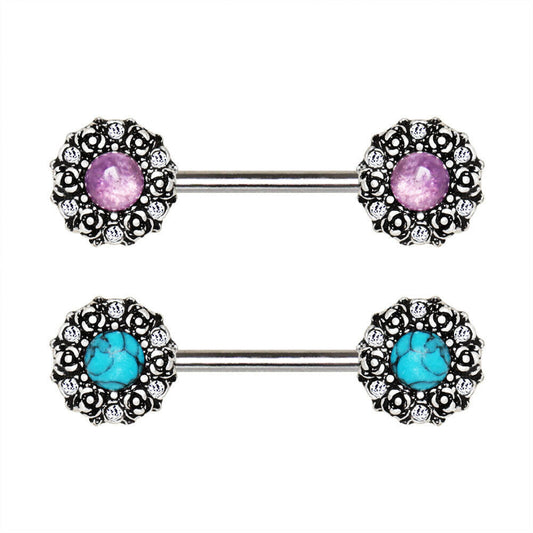Stainless Steel Medieval Rose Nipple Bar with Stone Inlay Nipple Ring Impulse Piercings Amethyst