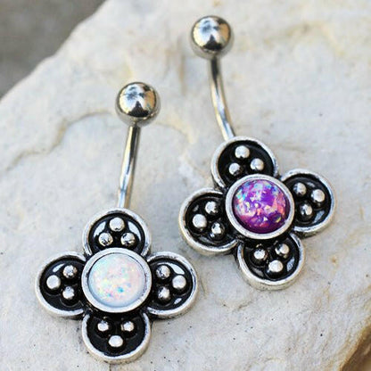 Stainless Steel Medieval Style Flower Navel Ring with Synthetic Opal Navel Ring Impulse Piercings