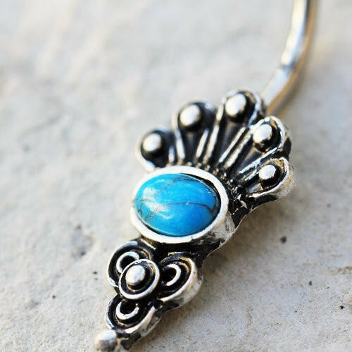 Stainless Steel Medieval Style Navel Ring with Turquoise Stone
