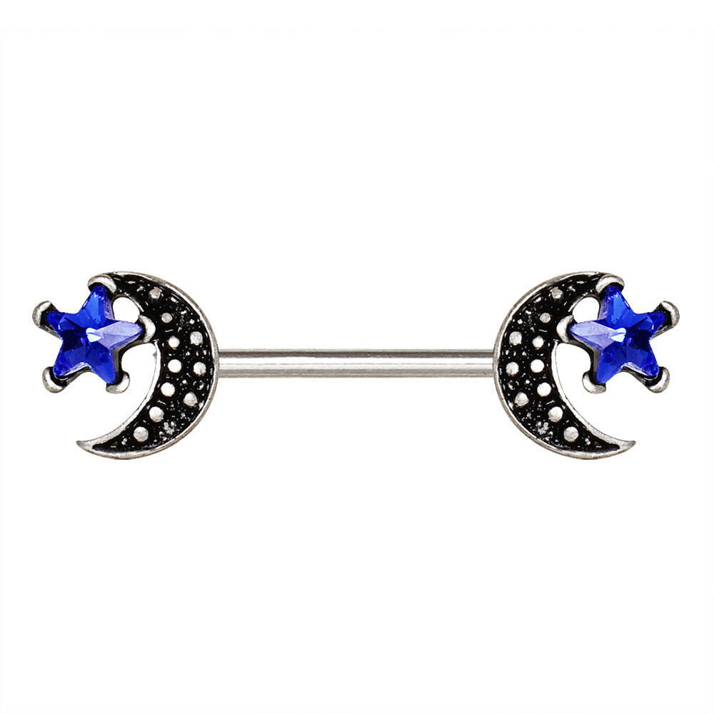 Stainless Steel Moon and Blue Star Nipple Bar Nipple Ring Impulse Piercings