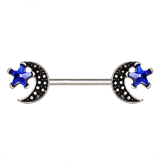 Stainless Steel Moon and Blue Star Nipple Bar Nipple Ring Impulse Piercings