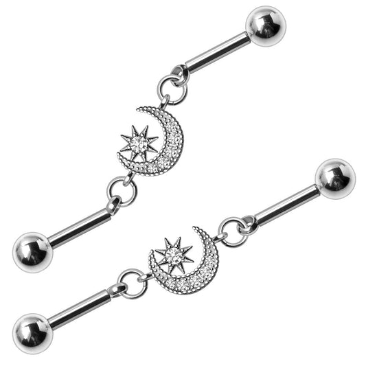 Stainless Steel Moon and Star Industrial Barbell front view