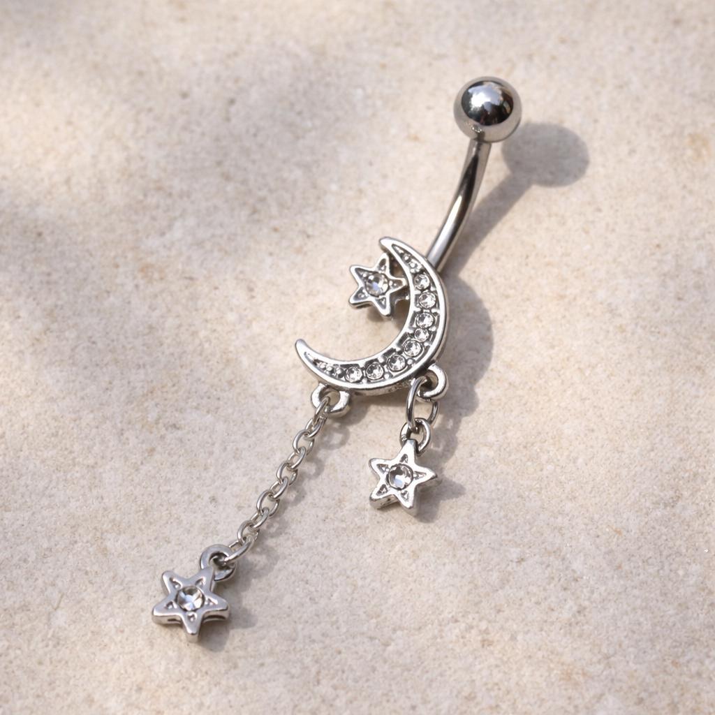 Stainless Steel Moon and Stars Dangle Navel Ring Navel Ring Impulse Piercings