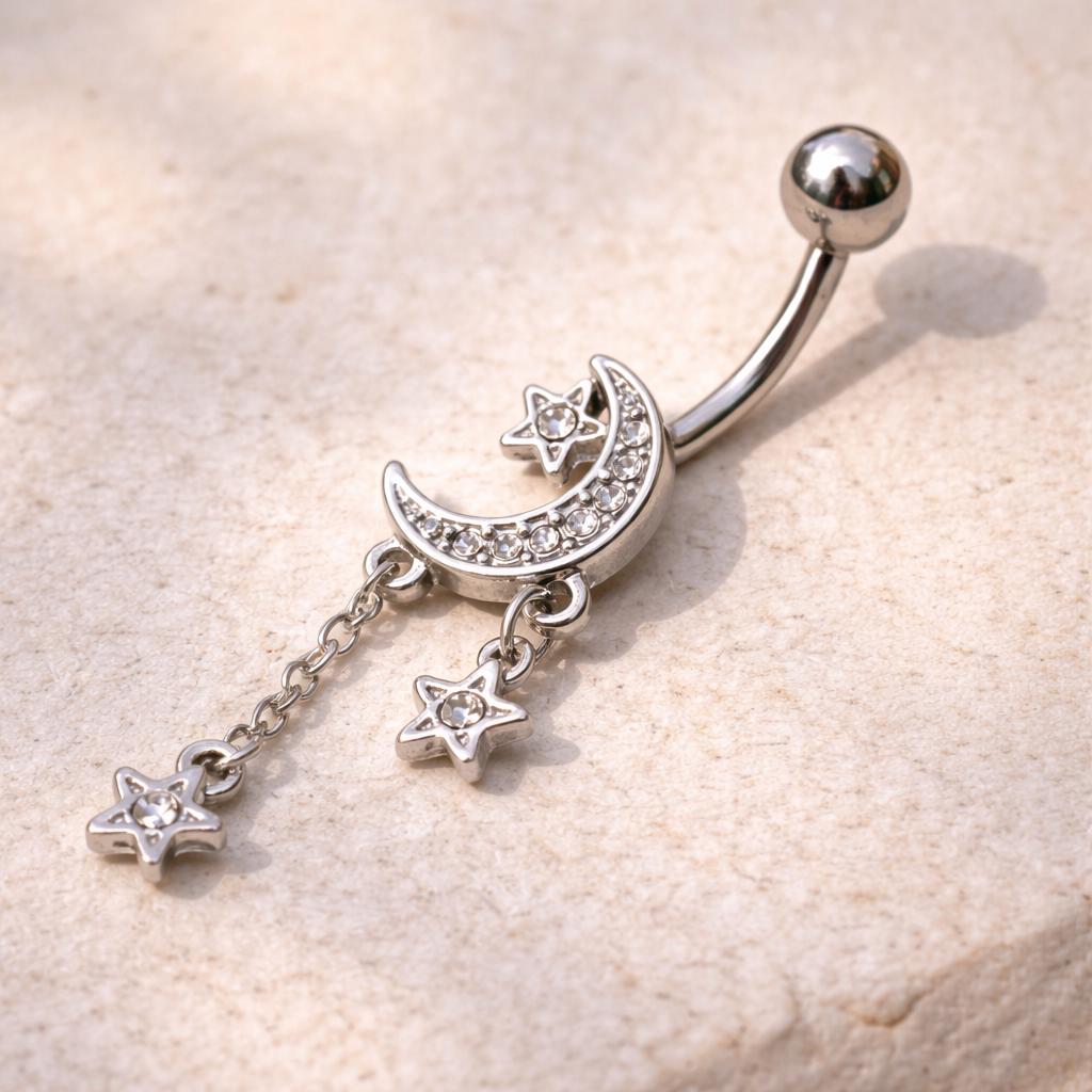 Stainless Steel Moon and Stars Dangle Navel Ring Navel Ring Impulse Piercings