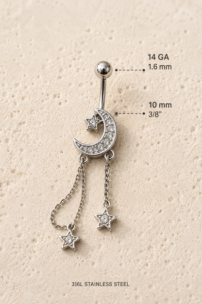Stainless Steel Moon and Stars Dangle Navel Ring