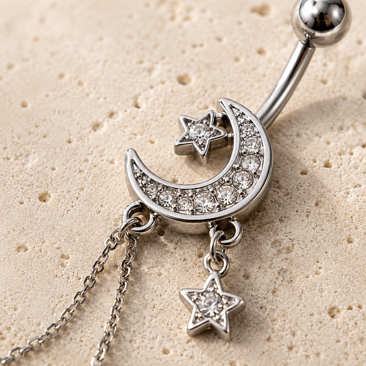 Stainless Steel Moon and Stars Dangle Navel Ring
