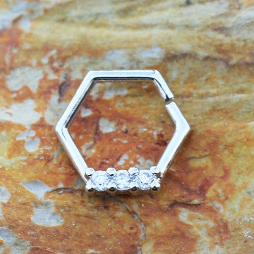 Stainless Steel Multi Jeweled Hexagon Captive Bead Ring / Cartilage Earring Septum Ring Impulse Piercings