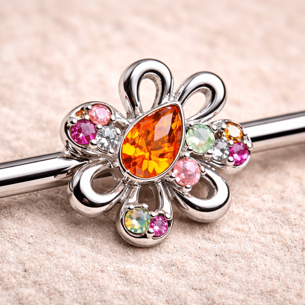 Stainless Steel Multihued Flower Industrial Barbell Industrial Barbell Impulse Piercings