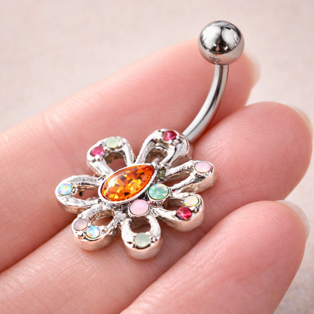 Stainless Steel Multihued Flower Navel Ring - Skin Metals