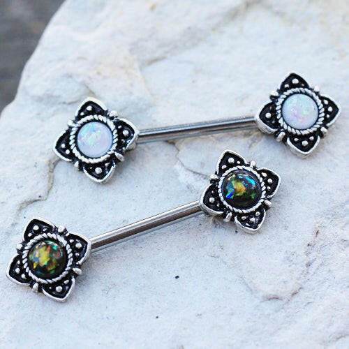 Stainless Steel Mystical Flower Nipple Bar with Synthetic Opal Nipple Ring Impulse Piercings