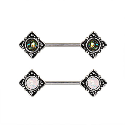 Stainless Steel Mystical Flower Nipple Bar with Synthetic Opal Nipple Ring