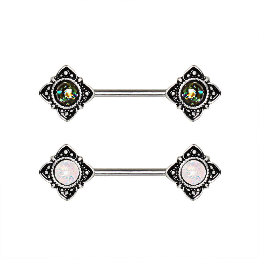 Stainless Steel Mystical Flower Nipple Bar with Synthetic Opal Nipple Ring Impulse Piercings Green