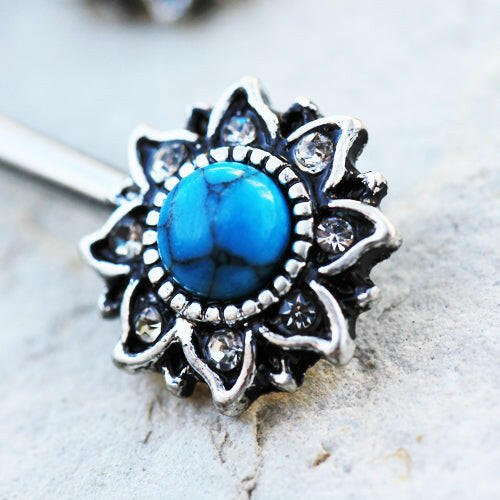 Stainless Steel Mystical Sunburst Nipple Bar with Stone Inlay Nipple Ring Impulse Piercings