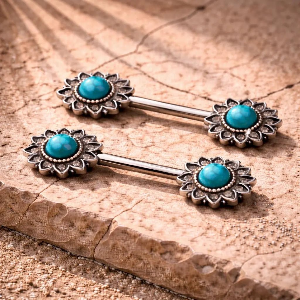 Stainless Steel Mystical Sunburst Nipple Bar with Stone Inlay Nipple Ring Skin Metals