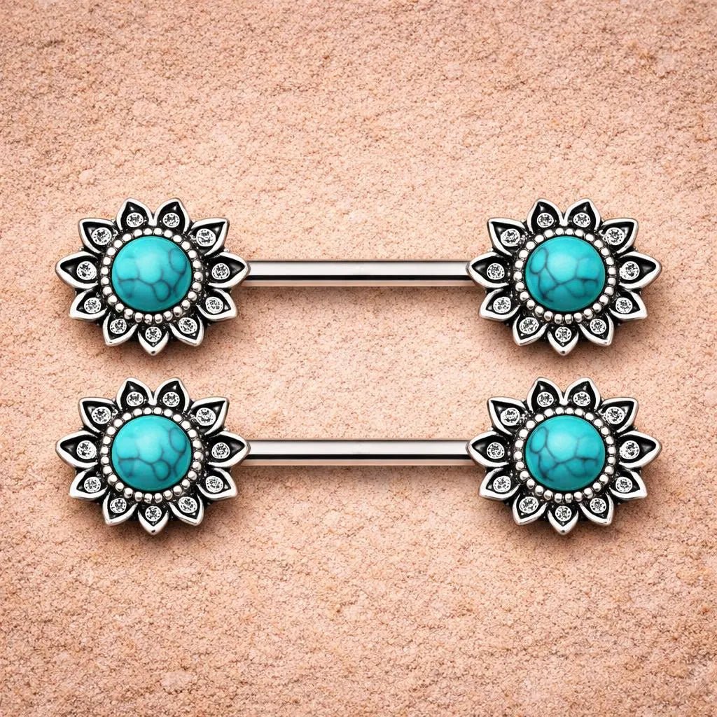 Stainless Steel Mystical Sunburst Nipple Bar with Stone Inlay Nipple Ring Skin Metals