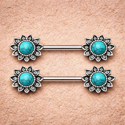 Stainless Steel Mystical Sunburst Nipple Bar with Stone Inlay Nipple Ring Skin Metals