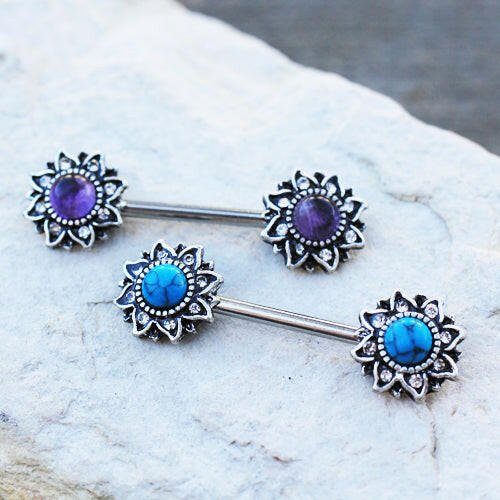 Stainless Steel Mystical Sunburst Nipple Bar with Stone Inlay Nipple Ring Impulse Piercings