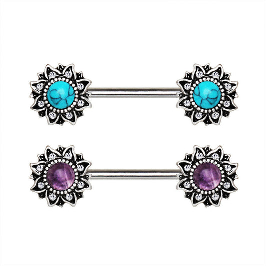 Stainless Steel Mystical Sunburst Nipple Bar with Stone Inlay Nipple Ring Impulse Piercings Amethyst