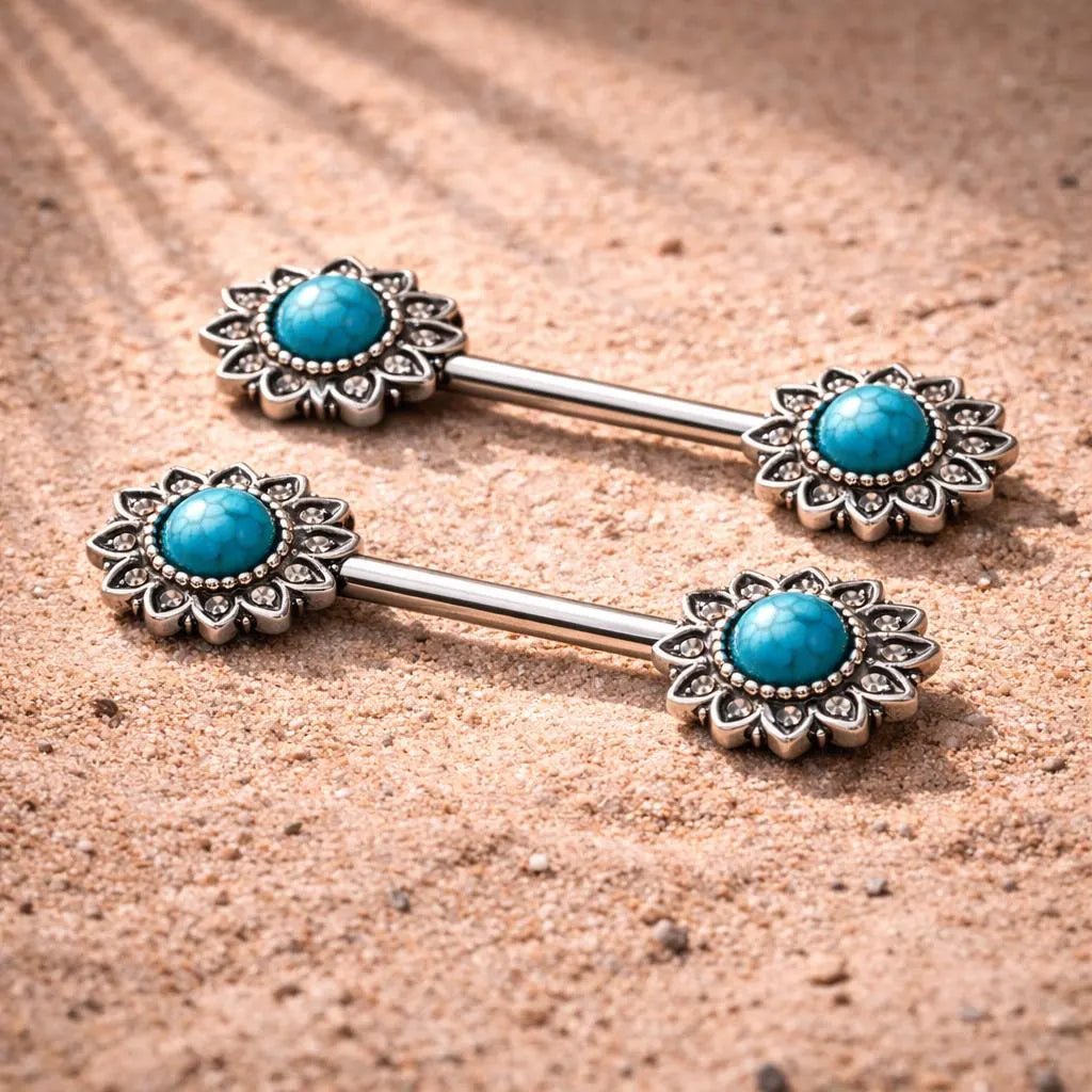 Stainless Steel Mystical Sunburst Nipple Bar with Stone Inlay Nipple Ring Skin Metals
