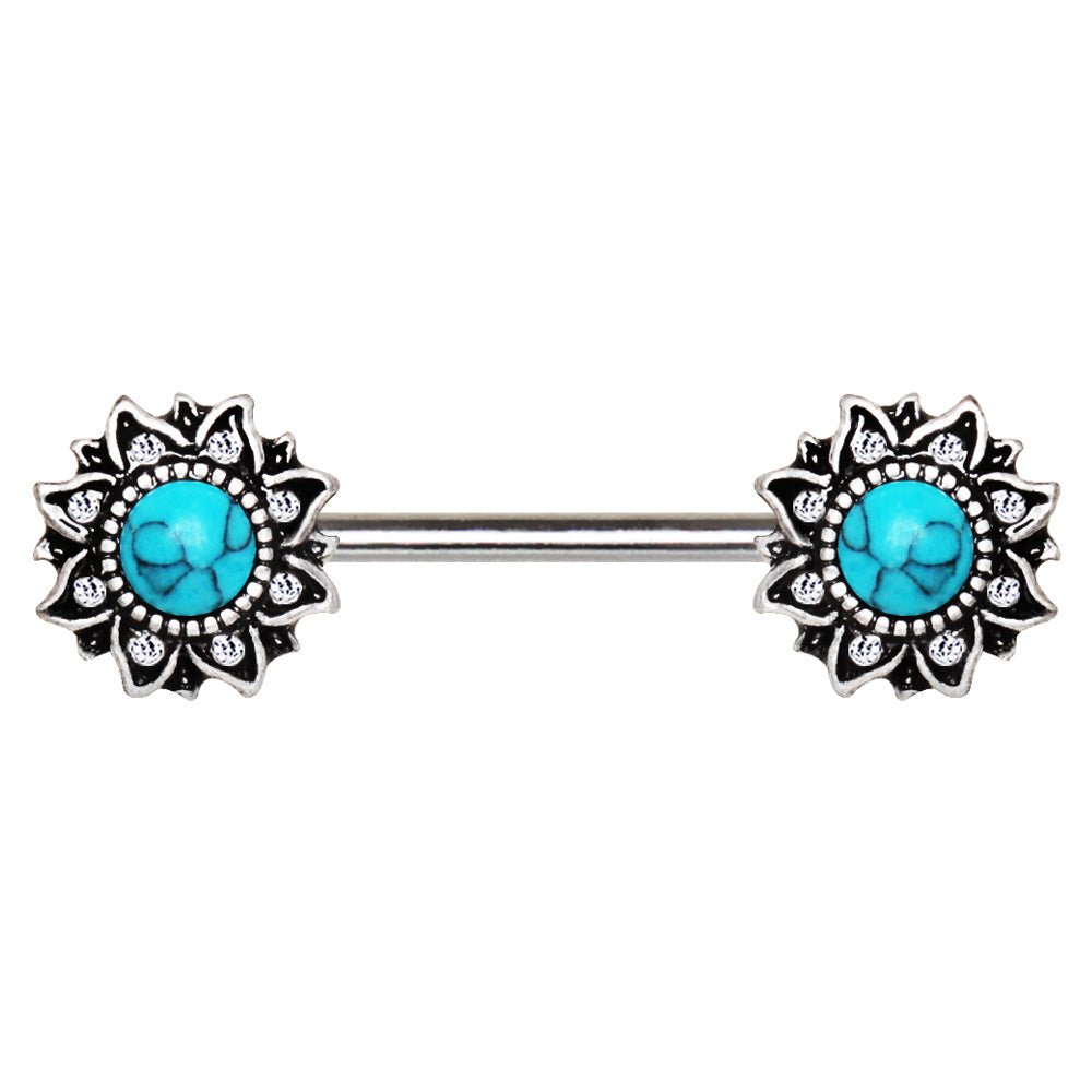 Stainless Steel Mystical Sunburst Nipple Bar with Stone Inlay - Skin Metals