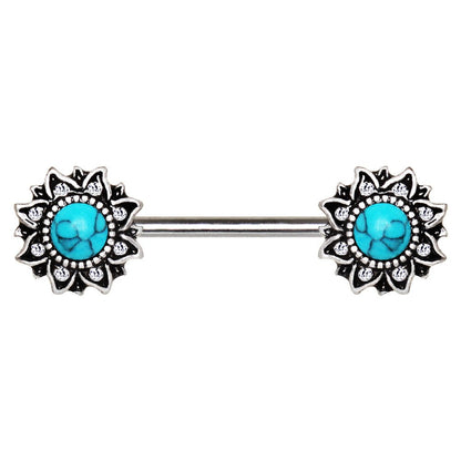 Stainless Steel Mystical Sunburst Nipple Bar with Stone Inlay - Skin Metals