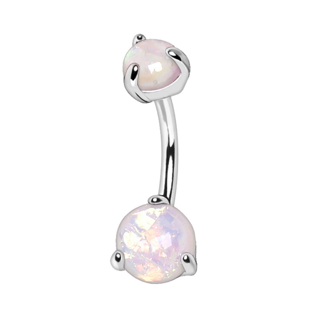 Stainless Steel Navel Ring with Prong Set White Synthetic Opal Navel Ring Impulse Piercings