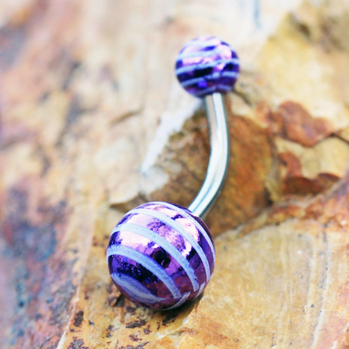 Stainless Steel Navel Ring with UV Acrylic Striped Metallic Purple Balls