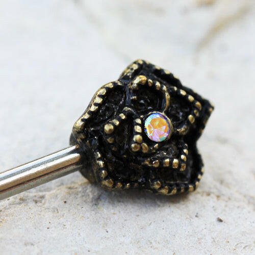 Stainless Steel Nipple Bar with Antique Gold Plated Flower Nipple Ring Impulse Piercings