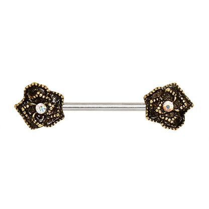 Stainless Steel Nipple Bar with Antique Gold Plated Flower Nipple Ring Impulse Piercings