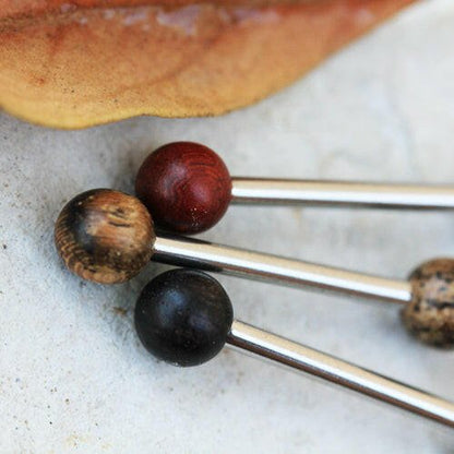 Stainless Steel Nipple Bar with Organic Wood Balls Nipple Ring Impulse Piercings