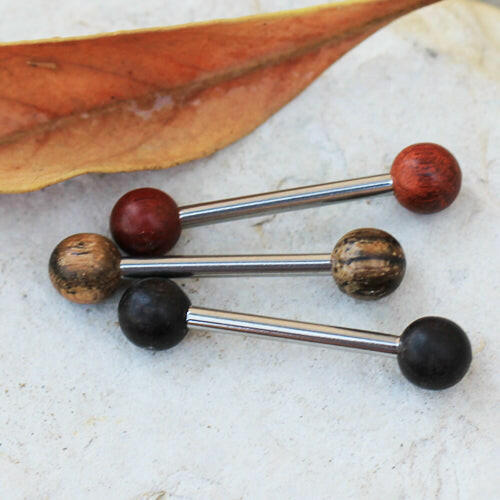 Stainless Steel Nipple Bar with Organic Wood Balls Nipple Ring Impulse Piercings