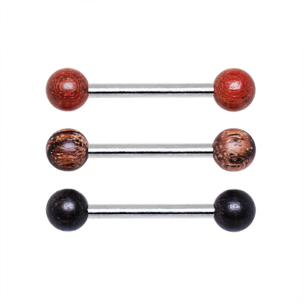 Stainless Steel Nipple Bar with Organic Wood Balls Nipple Ring Impulse Piercings Brown