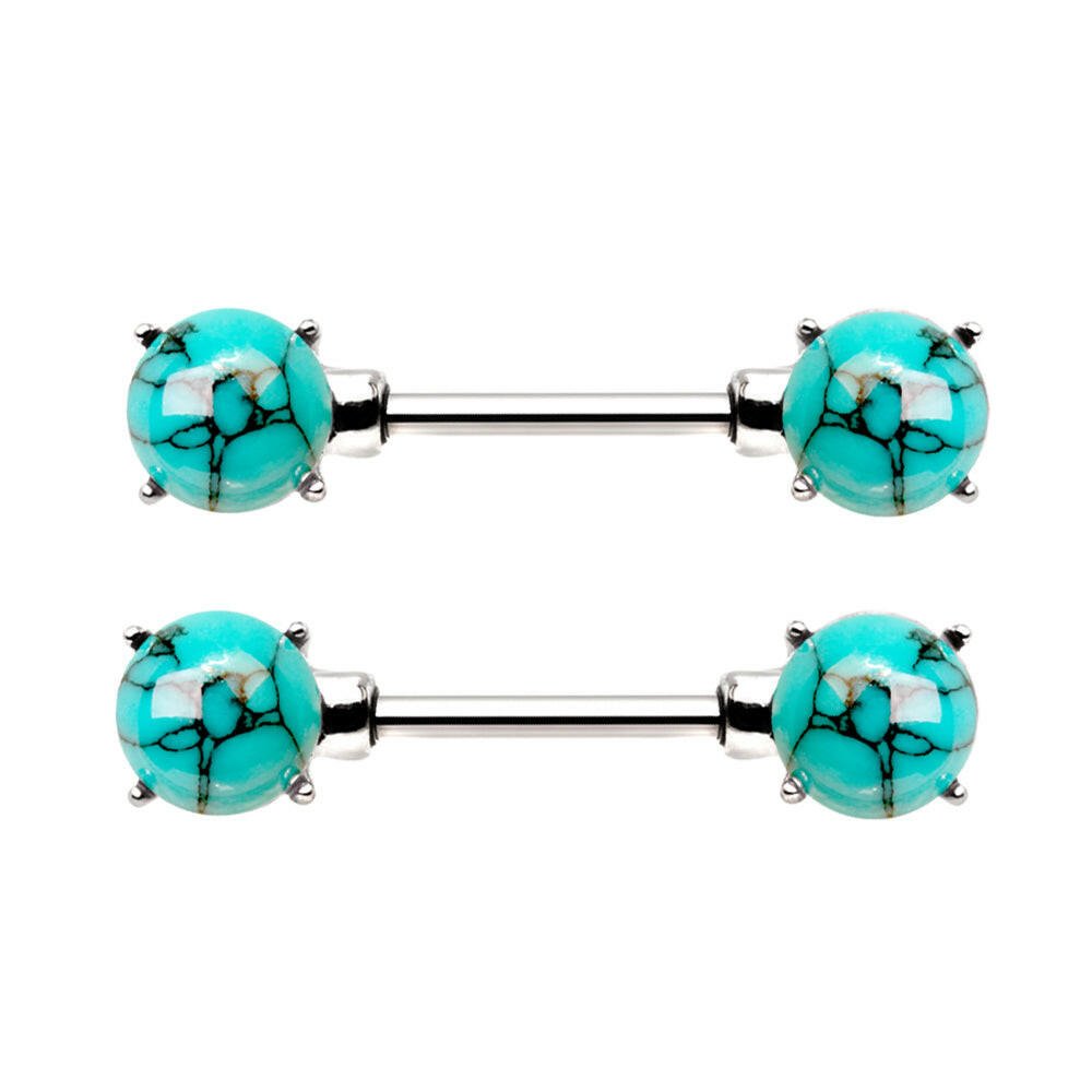 Stainless Steel Nipple Bar with Prong Set Stones Nipple Ring Impulse Piercings Turquoise