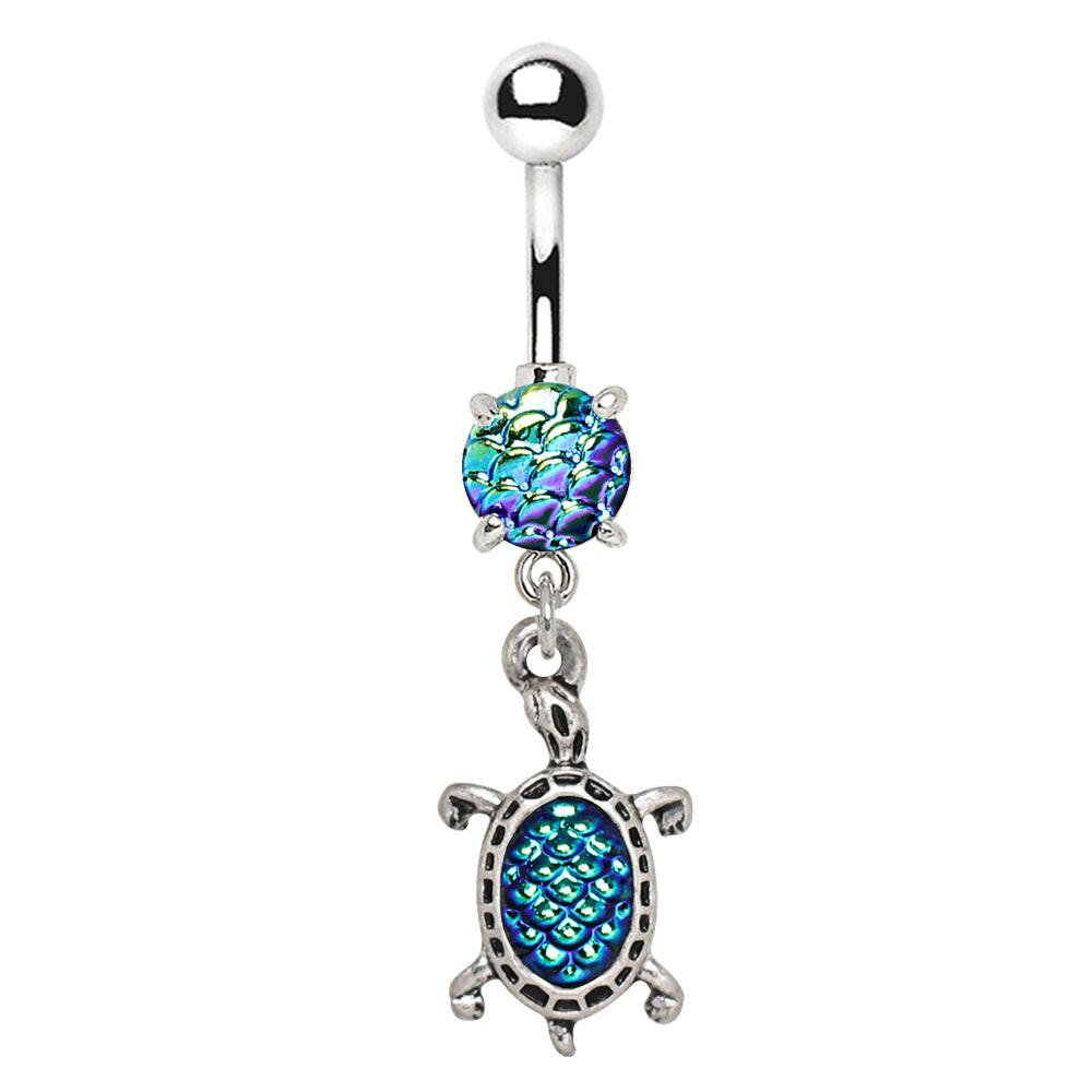 Stainless Steel Ocean Blue Scales Turtle Dangle Navel Ring Navel Ring Impulse Piercings