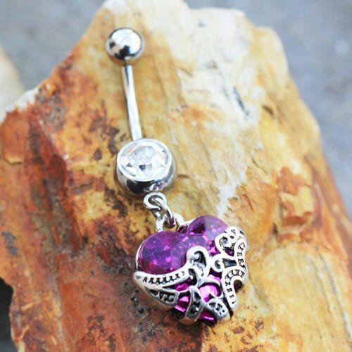 Stainless Steel Ornamental Purple Heart Dangle Navel Ring